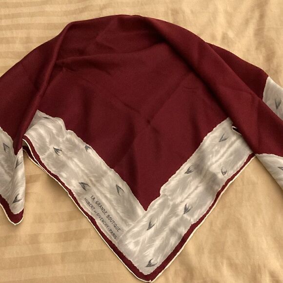 Hubert de Givenchy Paris Vintage Silk Scarf with Hand Rolled Hem. Burgundy/Gray - Picture 8 of 9